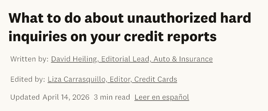 Clipping of the live page on creditkarma.com: the headline, the credit line “Written by David Heiling · Edited by Liza Carrasquillo” and the date “Updated April 14, 2026”.